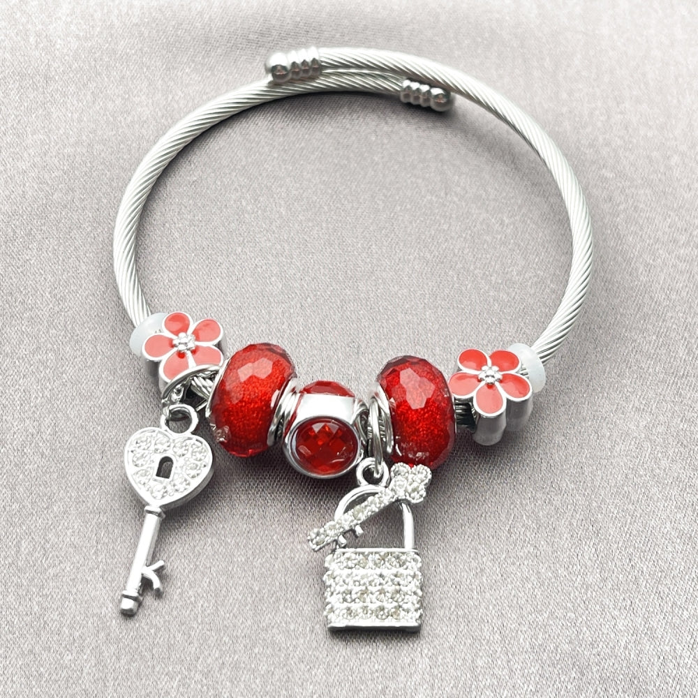 Stainless Steel Individual Bangle, key and Lock Design, with Siam and Crystal Crystal, Red Enamel Finish, Steel Finish