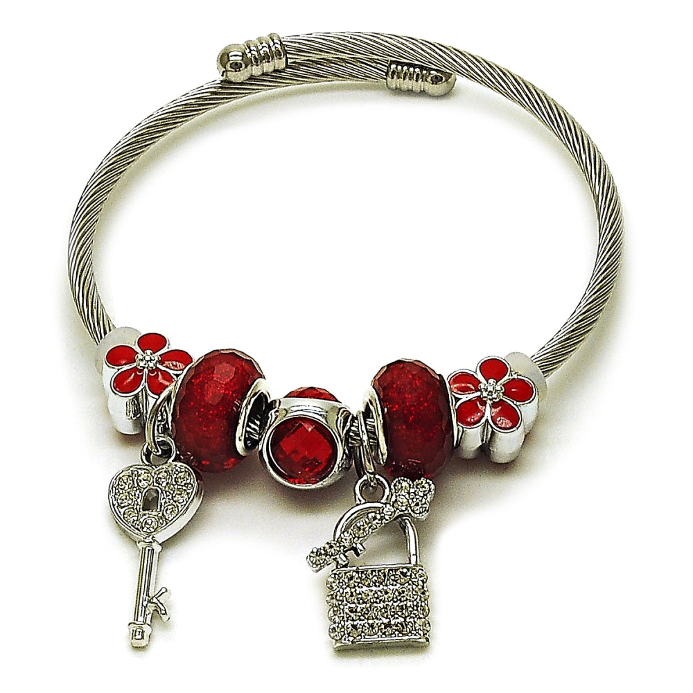 Stainless Steel Individual Bangle, key and Lock Design, with Siam and Crystal Crystal, Red Enamel Finish, Steel Finish