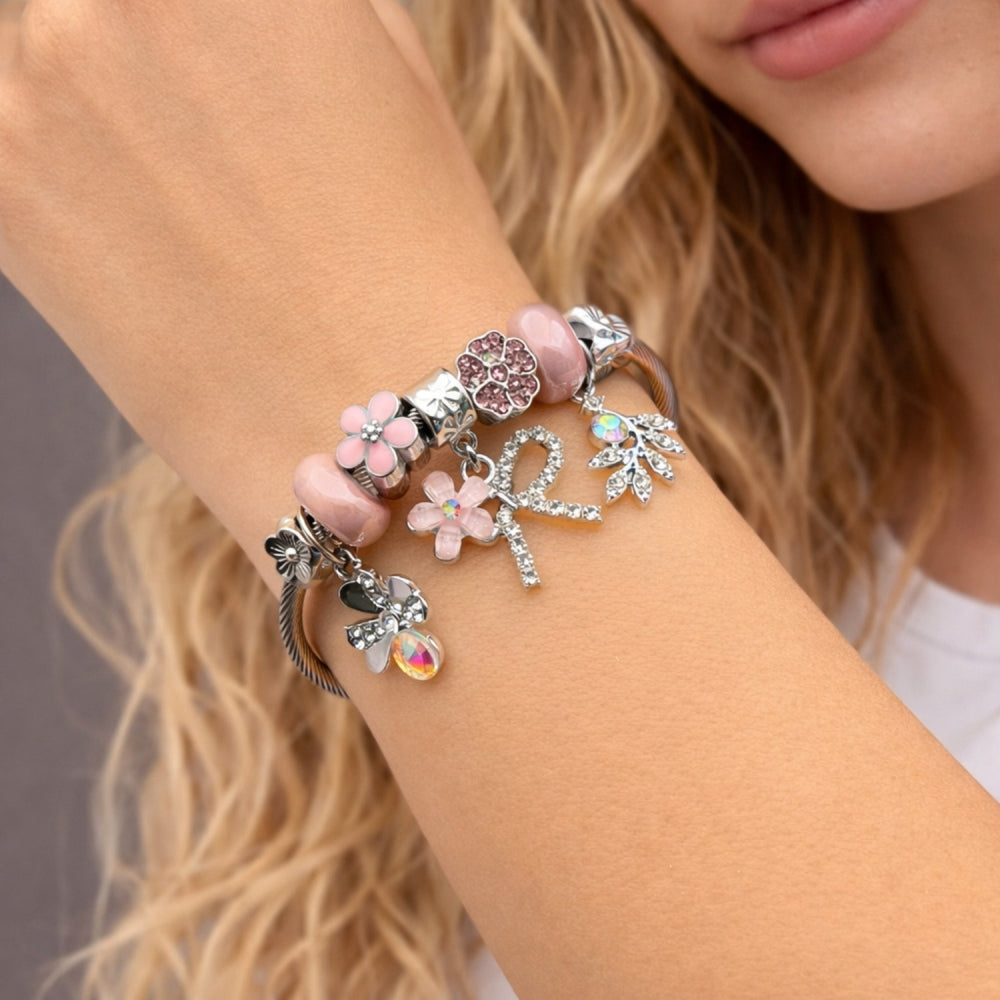 Stainless Steel Individual Bangle, Flower and Four-leaf Clover Design, with Light Rose and Crystal Crystal, Pink Enamel Finish, Steel Finish
