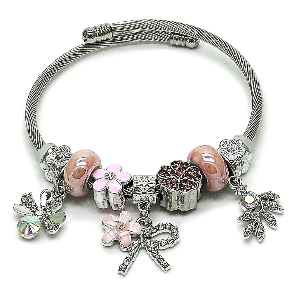 Stainless Steel Individual Bangle, Flower and Four-leaf Clover Design, with Light Rose and Crystal Crystal, Pink Enamel Finish, Steel Finish