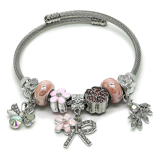 Stainless Steel Individual Bangle, Flower and Four-leaf Clover Design, with Light Rose and Crystal Crystal, Pink Enamel Finish, Steel Finish