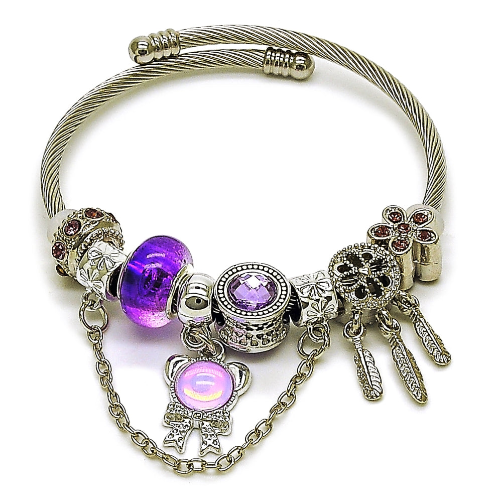 Stainless Steel Individual Bangle, Little Girl and Flower Design, with Tanzanite Crystal, Polished, Steel Finish