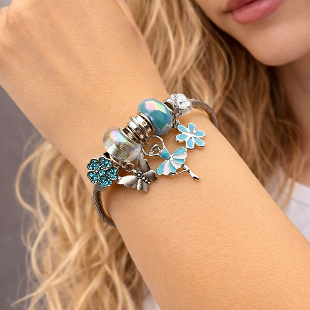 Stainless Steel Individual Bangle, Little Girl and Flower Design, with Light Turquoise and Crystal Crystal, Turquoise Enamel Finish, Steel Finish