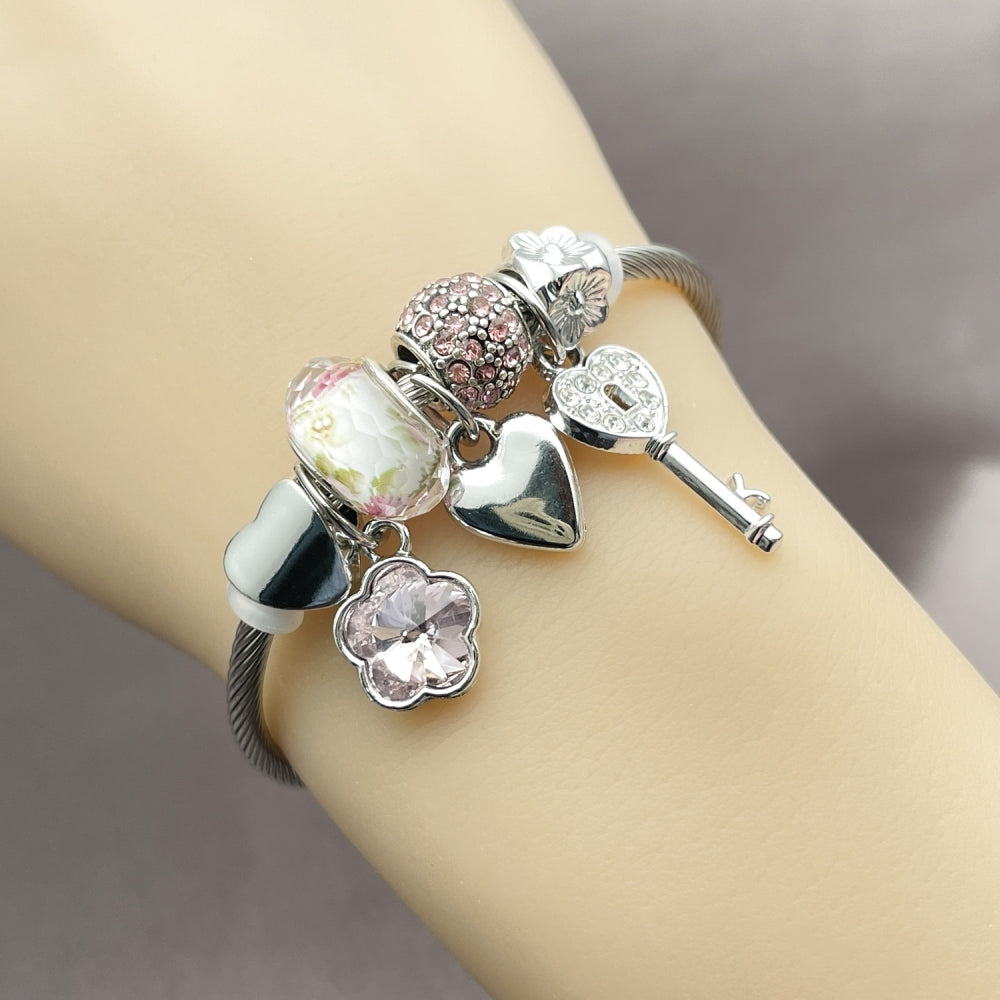 Stainless Steel Individual Bangle, Greek Key and Flower Design, with Light Rose and Crystal Crystal, Polished, Steel Finish