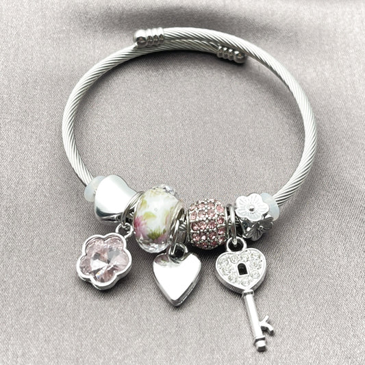 Stainless Steel Individual Bangle, Greek Key and Flower Design, with Light Rose and Crystal Crystal, Polished, Steel Finish