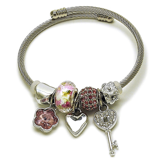 Stainless Steel Individual Bangle, Greek Key and Flower Design, with Light Rose and Crystal Crystal, Polished, Steel Finish