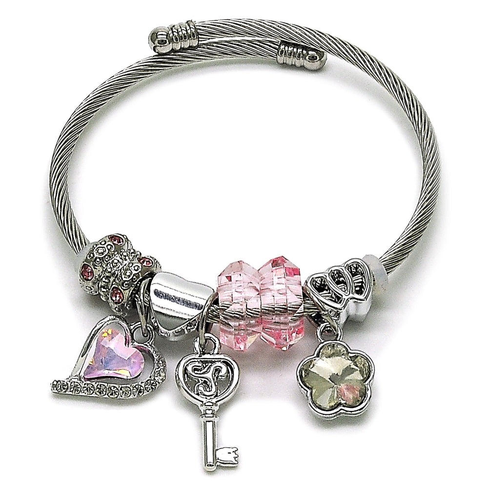 Stainless Steel Individual Bangle, Heart and key Design, with Light Rose and Crystal Crystal, Polished, Steel Finish