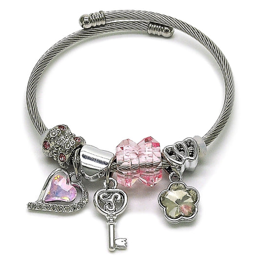 Stainless Steel Individual Bangle, Heart and key Design, with Light Rose and Crystal Crystal, Polished, Steel Finish