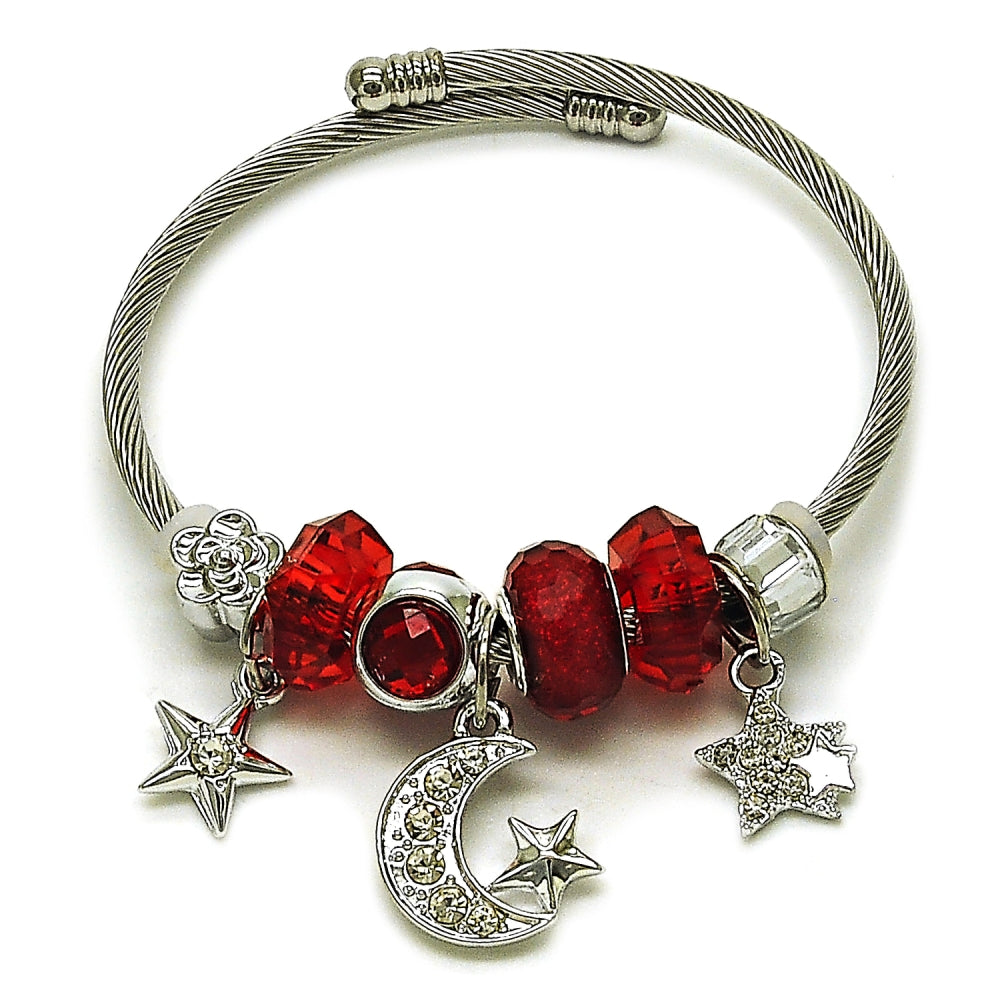Stainless Steel Individual Bangle, Moon and Star Design, with Siam and Crystal Crystal, Polished, Steel Finish