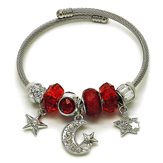 Stainless Steel Individual Bangle, Moon and Star Design, with Siam and Crystal Crystal, Polished, Steel Finish