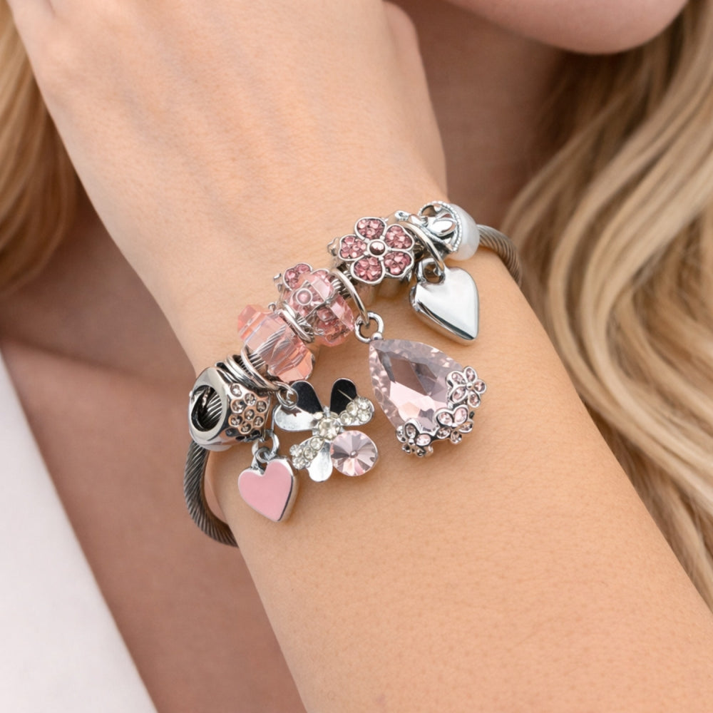 Stainless Steel Individual Bangle, Four-leaf Clover and Teardrop Design, with Light Rose and Crystal Crystal, Polished, Steel Finish