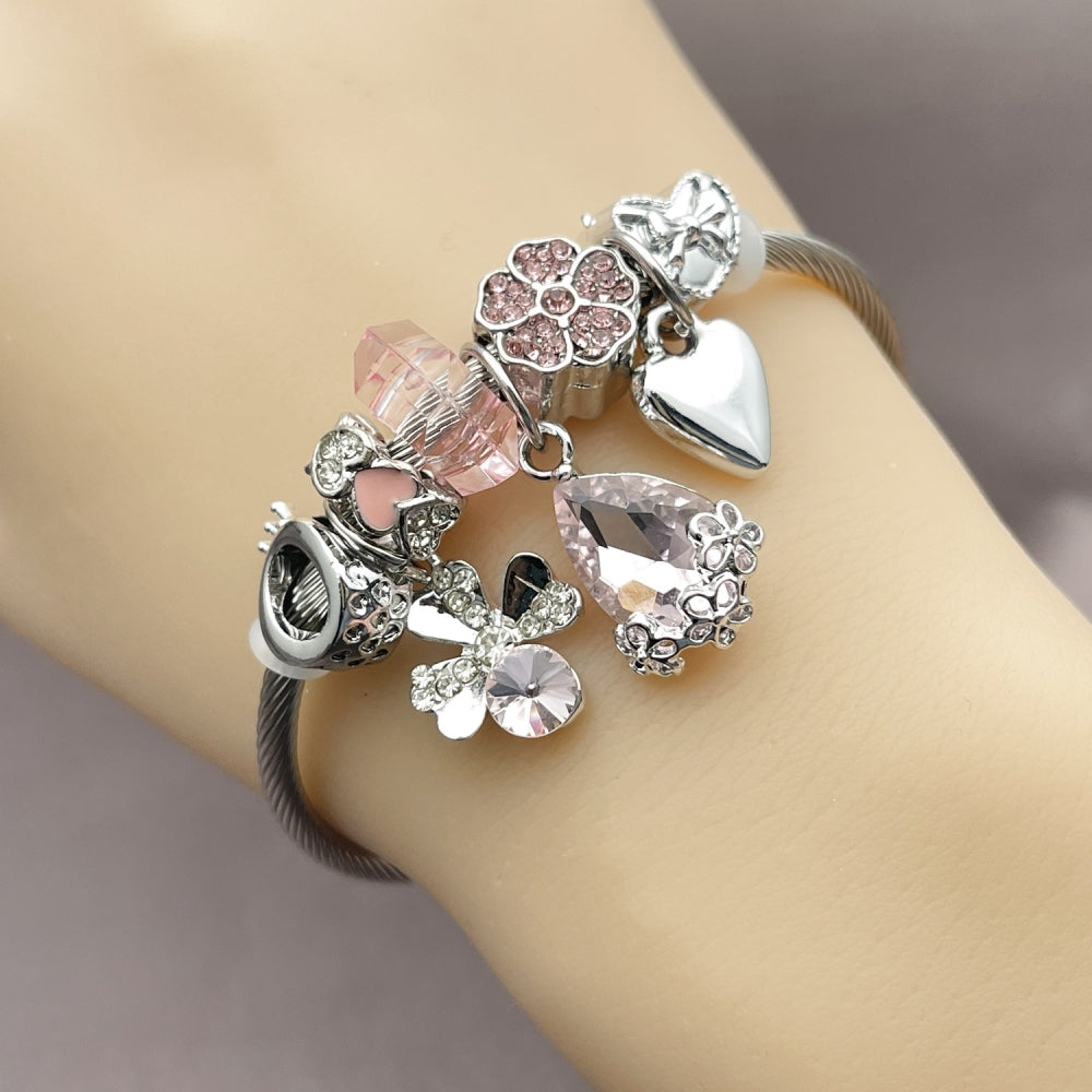 Stainless Steel Individual Bangle, Four-leaf Clover and Teardrop Design, with Light Rose and Crystal Crystal, Polished, Steel Finish
