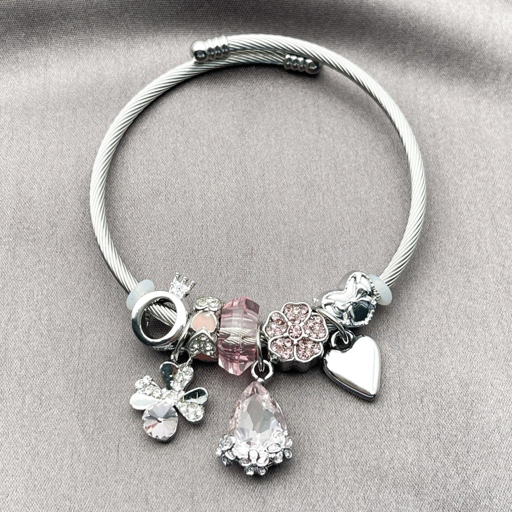 Stainless Steel Individual Bangle, Four-leaf Clover and Teardrop Design, with Light Rose and Crystal Crystal, Polished, Steel Finish