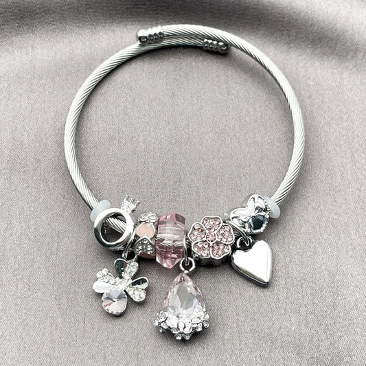 Stainless Steel Individual Bangle, Four-leaf Clover and Teardrop Design, with Light Rose and Crystal Crystal, Polished, Steel Finish