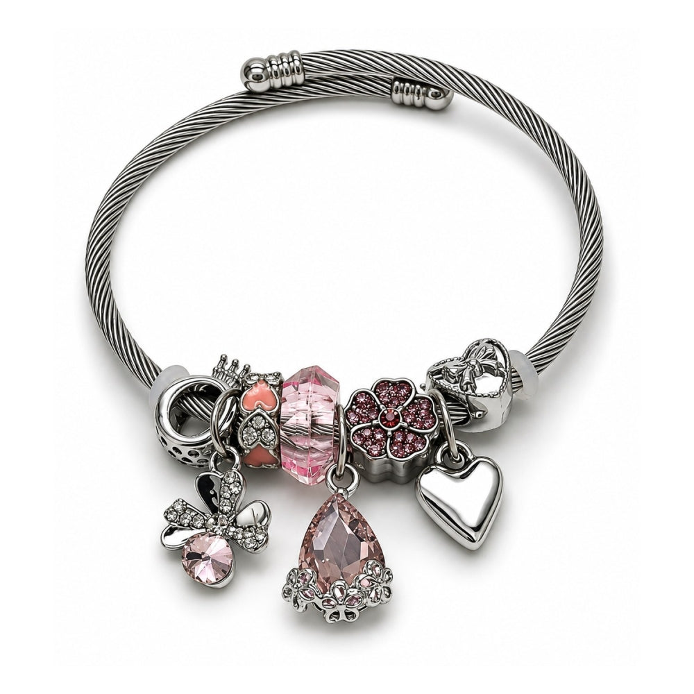 Stainless Steel Individual Bangle, Four-leaf Clover and Teardrop Design, with Light Rose and Crystal Crystal, Polished, Steel Finish