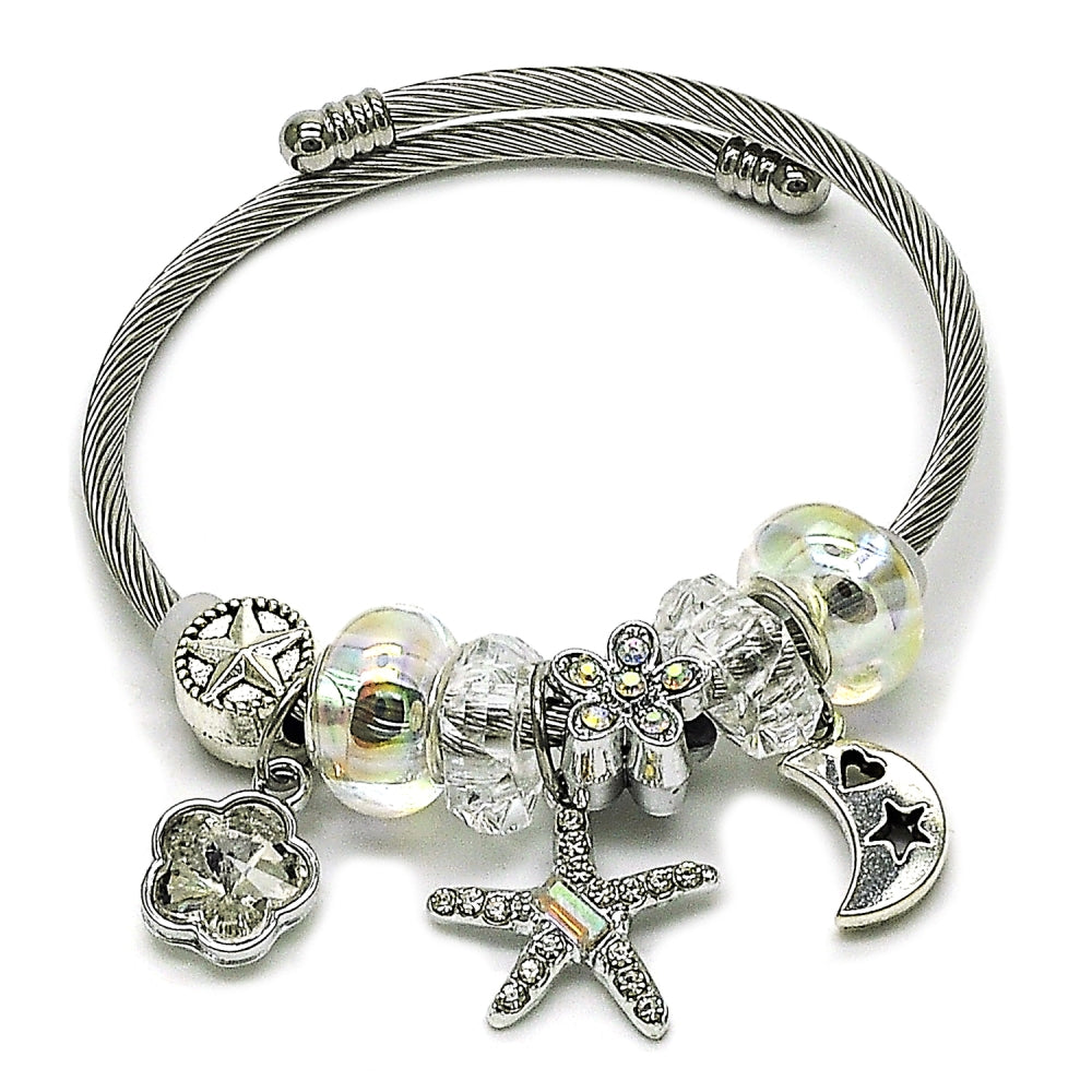 Stainless Steel Individual Bangle, Flower and Star Design, with Crystal and Aurore Boreale Crystal, Polished, Steel Finish