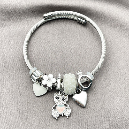Stainless Steel Individual Bangle, Teddy Bear and Heart Design, with Chrysolite Opal and Crystal Crystal, White Enamel Finish, Steel Finish