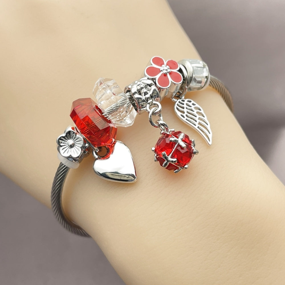 Stainless Steel Individual Bangle, Ball and Heart Design, with Siam and Crystal Crystal, Red Enamel Finish, Steel Finish