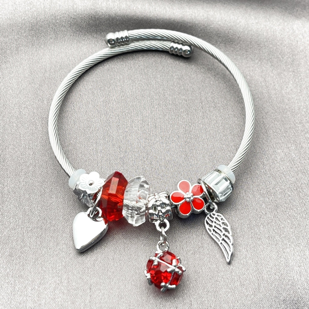 Stainless Steel Individual Bangle, Ball and Heart Design, with Siam and Crystal Crystal, Red Enamel Finish, Steel Finish