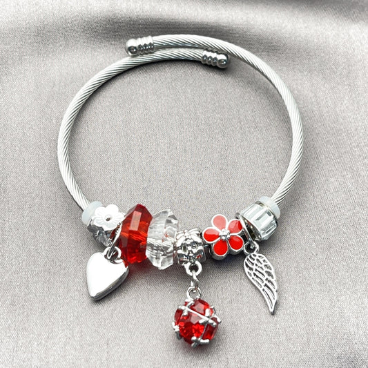 Stainless Steel Individual Bangle, Ball and Heart Design, with Siam and Crystal Crystal, Red Enamel Finish, Steel Finish