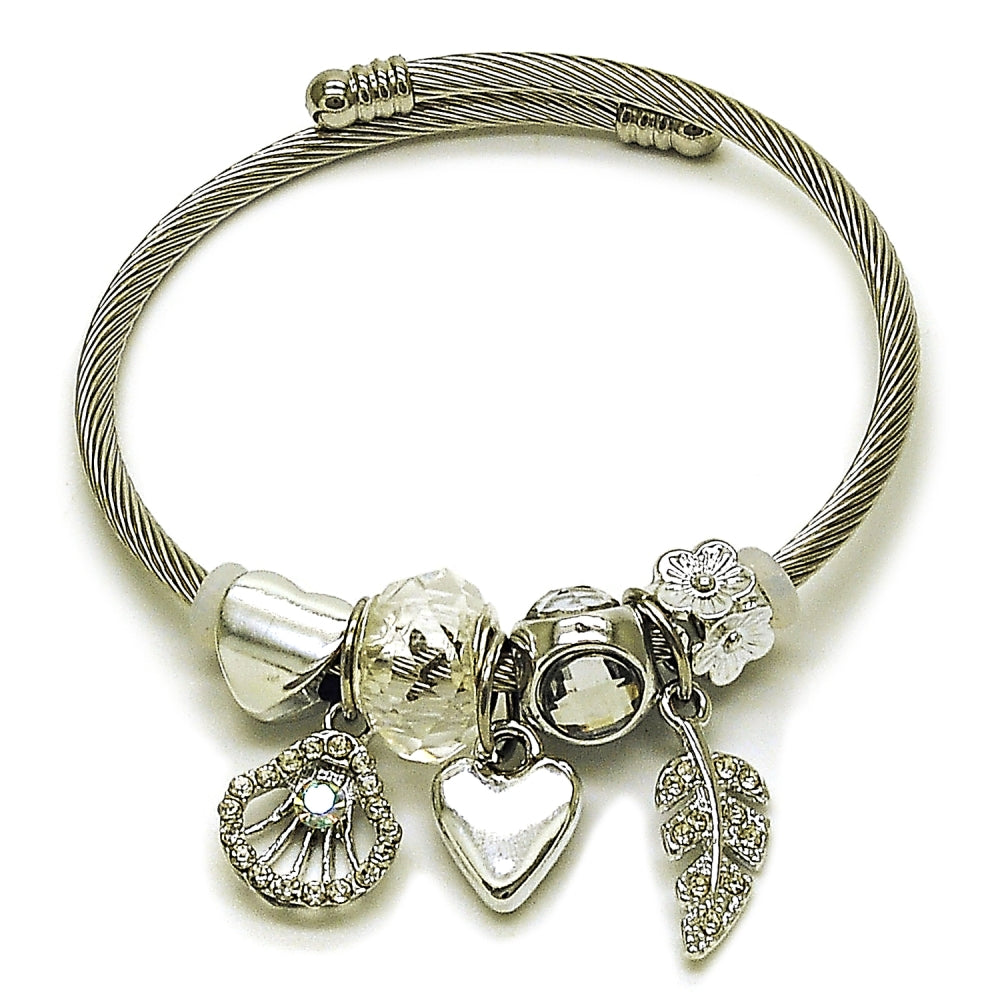 Stainless Steel Individual Bangle, Shell and Heart Design, with Aurore Boreale and Crystal Crystal, Polished, Steel Finish
