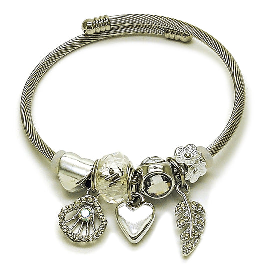 Stainless Steel Individual Bangle, Shell and Heart Design, with Aurore Boreale and Crystal Crystal, Polished, Steel Finish