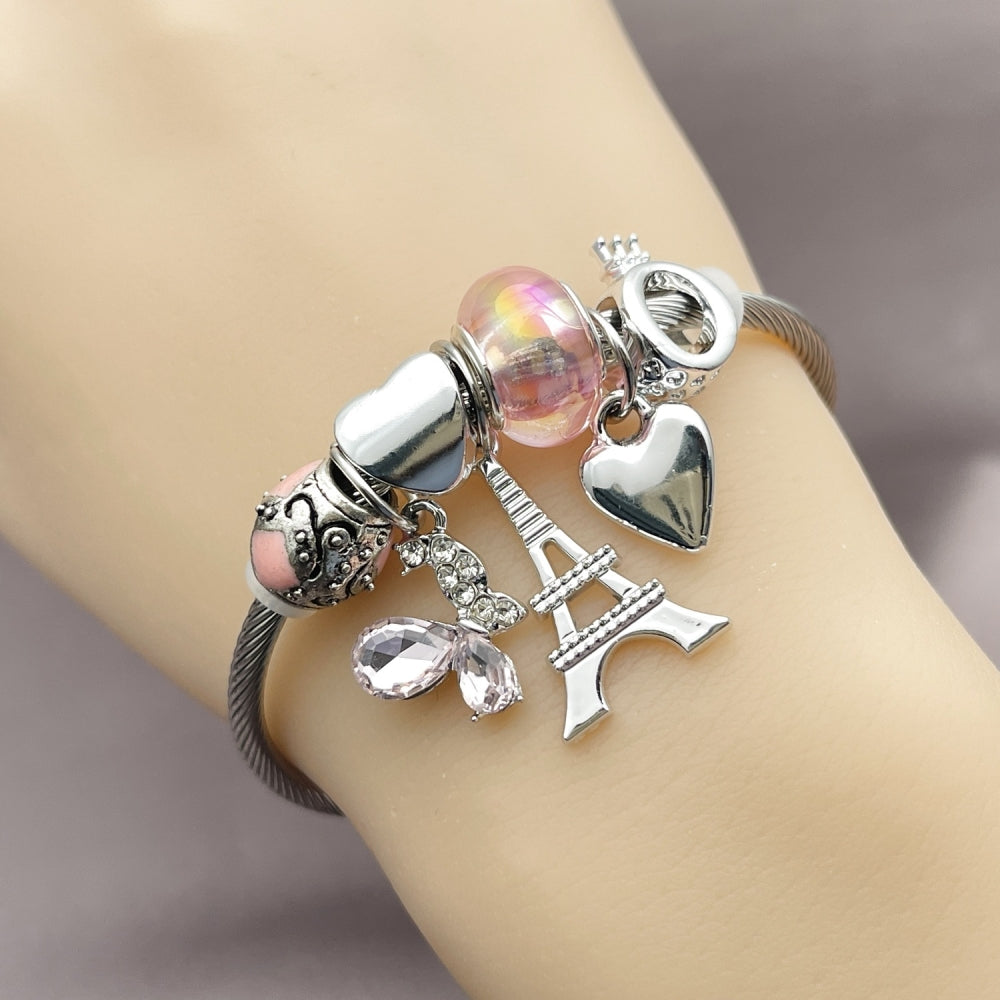 Stainless Steel Individual Bangle, Eiffel Tower and Butterfly Design, with Light Rose and Aurore Boreale Crystal, Pink Enamel Finish, Steel Finish