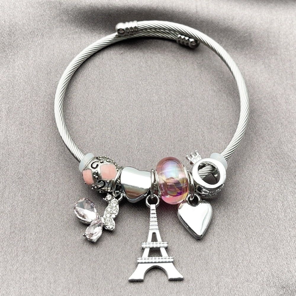 Stainless Steel Individual Bangle, Eiffel Tower and Butterfly Design, with Light Rose and Aurore Boreale Crystal, Pink Enamel Finish, Steel Finish
