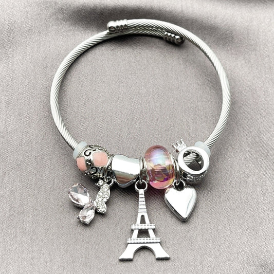 Stainless Steel Individual Bangle, Eiffel Tower and Butterfly Design, with Light Rose and Aurore Boreale Crystal, Pink Enamel Finish, Steel Finish