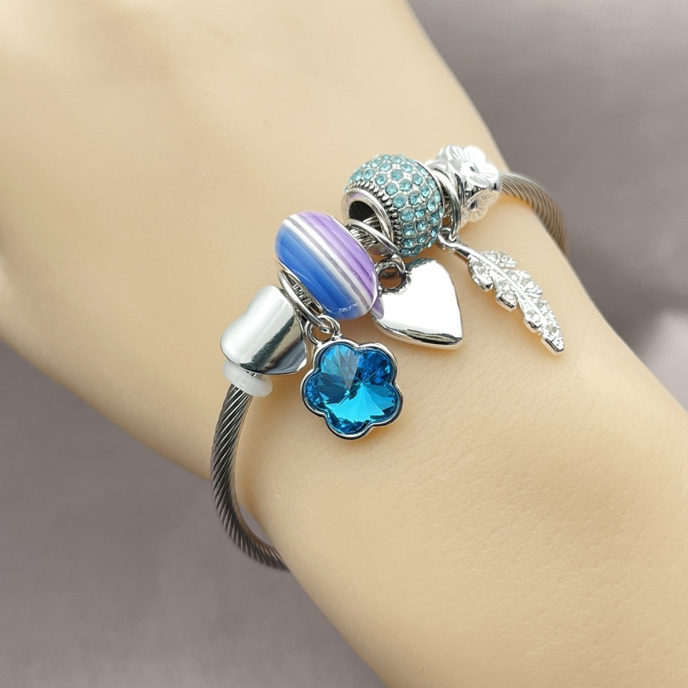 Stainless Steel Individual Bangle, Flower and Leaf Design, with Indicolite and Crystal Crystal, Polished, Steel Finish