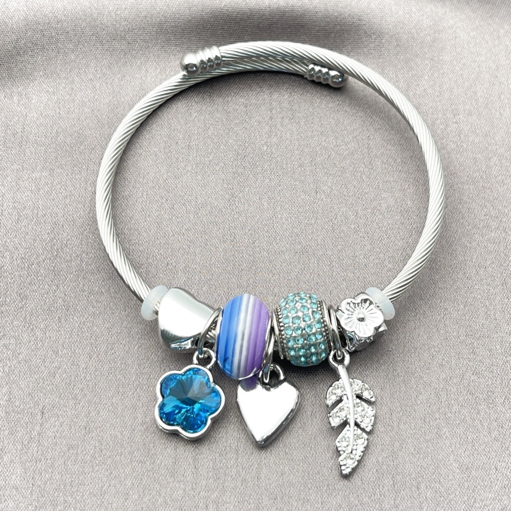 Stainless Steel Individual Bangle, Flower and Leaf Design, with Indicolite and Crystal Crystal, Polished, Steel Finish