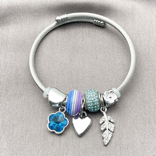 Stainless Steel Individual Bangle, Flower and Leaf Design, with Indicolite and Crystal Crystal, Polished, Steel Finish