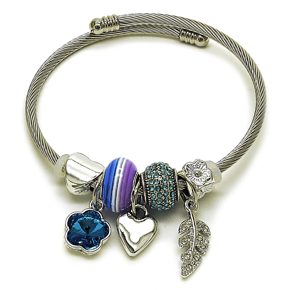 Stainless Steel Individual Bangle, Flower and Leaf Design, with Indicolite and Crystal Crystal, Polished, Steel Finish