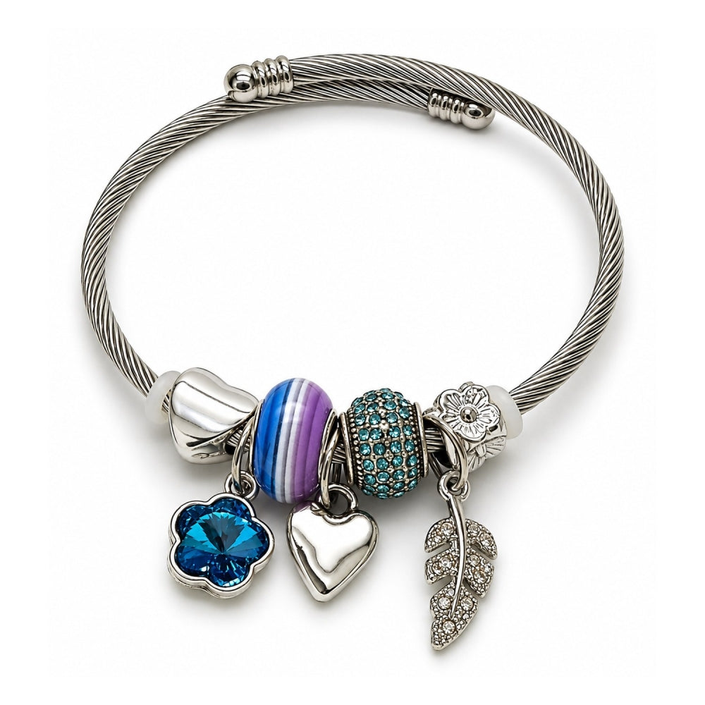 Stainless Steel Individual Bangle, Flower and Leaf Design, with Indicolite and Crystal Crystal, Polished, Steel Finish