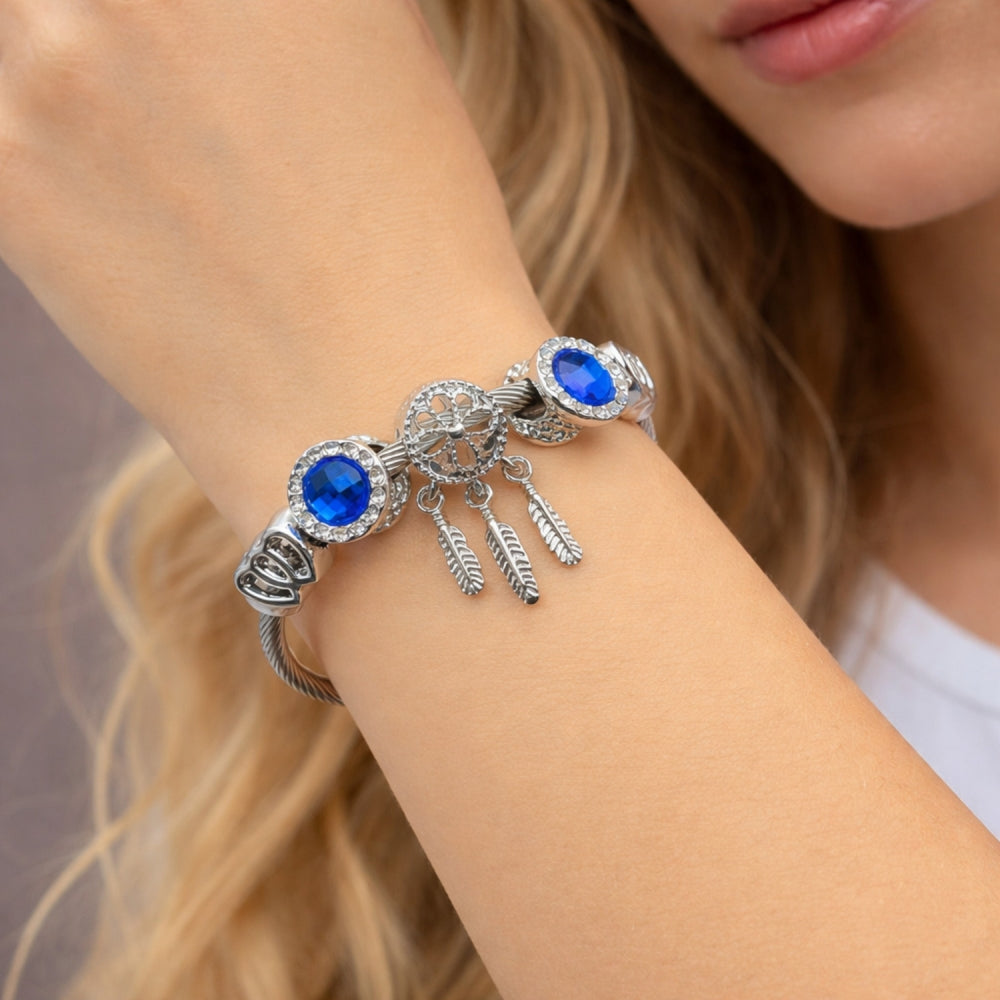 Stainless Steel Individual Bangle, Heart and Leaf Design, with Sapphire Blue and Crystal Crystal, Polished, Steel Finish