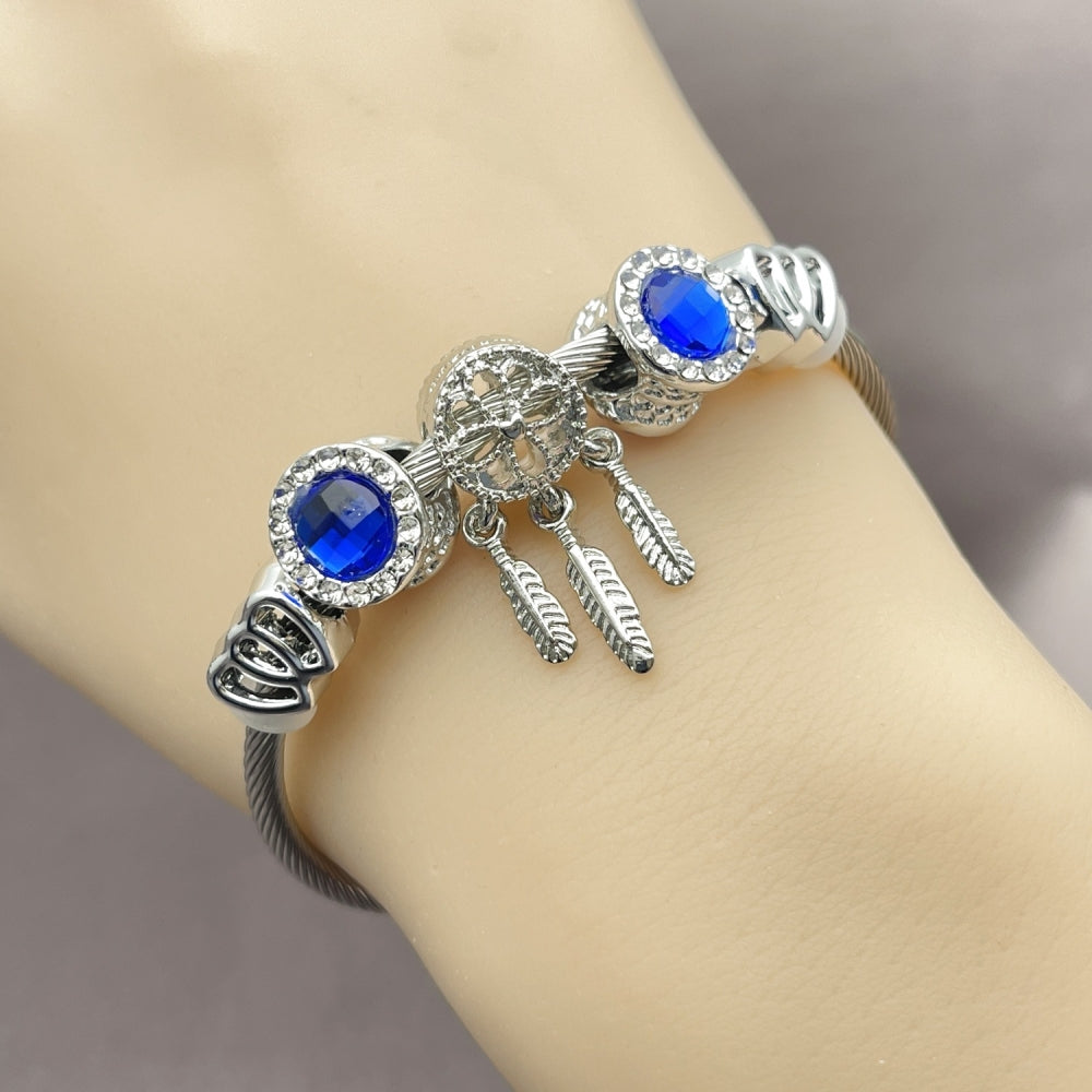 Stainless Steel Individual Bangle, Heart and Leaf Design, with Sapphire Blue and Crystal Crystal, Polished, Steel Finish