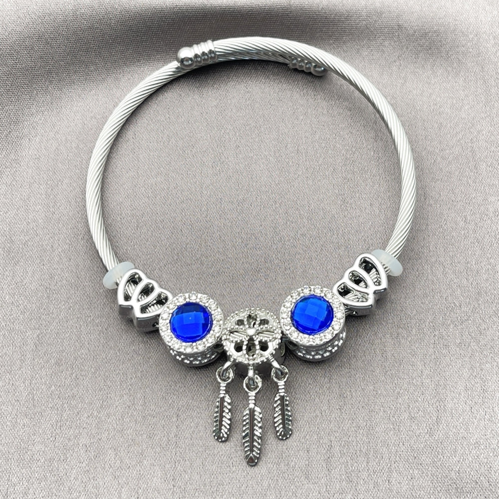 Stainless Steel Individual Bangle, Heart and Leaf Design, with Sapphire Blue and Crystal Crystal, Polished, Steel Finish