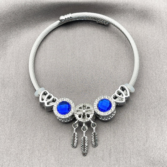 Stainless Steel Individual Bangle, Heart and Leaf Design, with Sapphire Blue and Crystal Crystal, Polished, Steel Finish