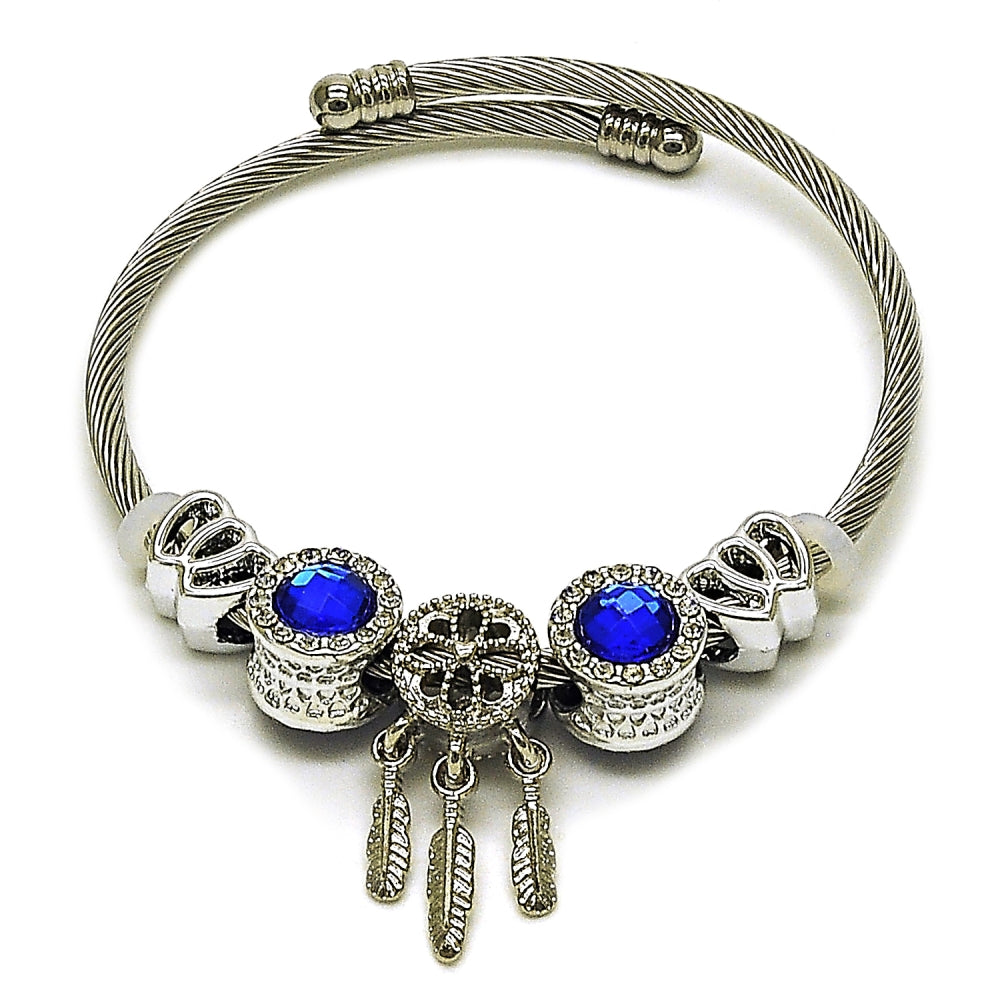 Stainless Steel Individual Bangle, Heart and Leaf Design, with Sapphire Blue and Crystal Crystal, Polished, Steel Finish