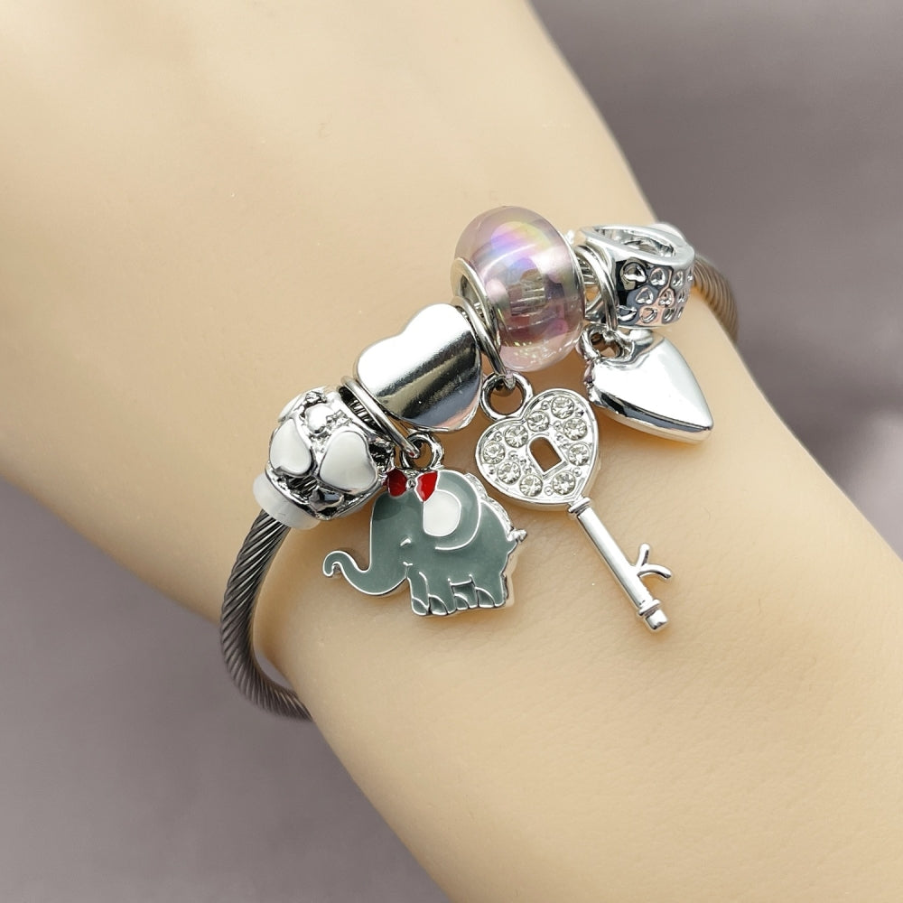 Stainless Steel Individual Bangle, Elephant and Heart Design, with Crystal and Paradise Shine Crystal, Grey Enamel Finish, Steel Finish