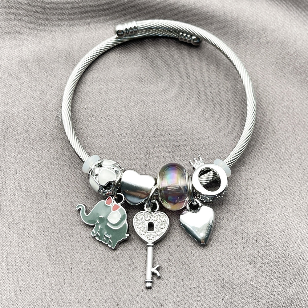 Stainless Steel Individual Bangle, Elephant and Heart Design, with Crystal and Paradise Shine Crystal, Grey Enamel Finish, Steel Finish