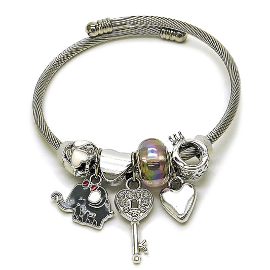 Stainless Steel Individual Bangle, Elephant and Heart Design, with Crystal and Paradise Shine Crystal, Grey Enamel Finish, Steel Finish
