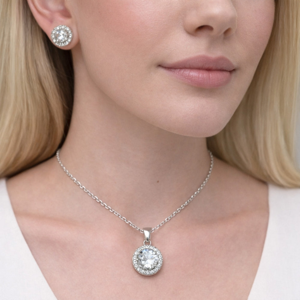 Rhodium Gold Filled Earring and Pendant Adult Set, Cluster Design, with White Cubic Zirconia, Polished, Rhodium Finish