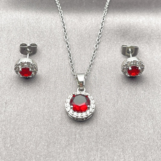 Rhodium Gold Filled Earring and Pendant Adult Set, Cluster and Rolo Design, with Garnet and White Cubic Zirconia, Polished, Rhodium Finish