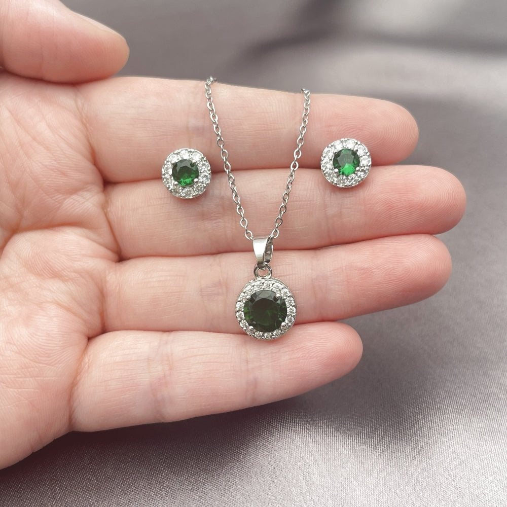White Gold Filled Earring and Pendant Adult Set, Cluster and Rolo Design, with Green and White Cubic Zirconia, Polished, Rhodium Finish