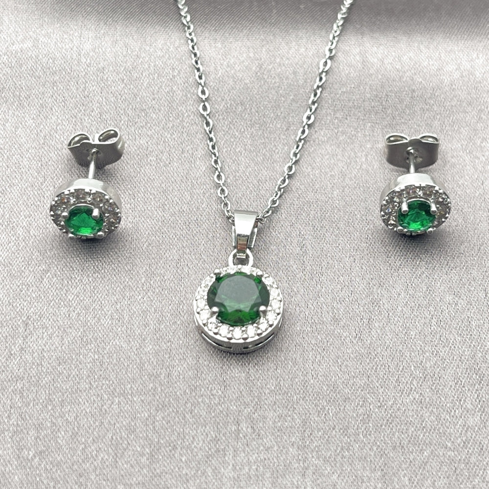 White Gold Filled Earring and Pendant Adult Set, Cluster and Rolo Design, with Green and White Cubic Zirconia, Polished, Rhodium Finish
