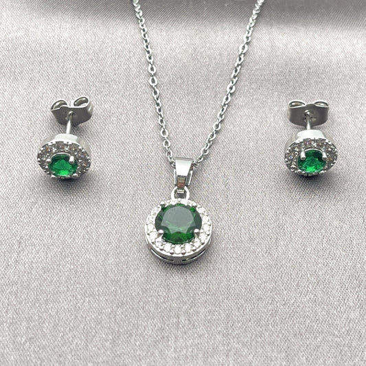 Rhodium Gold Filled Earring and Pendant Adult Set, Cluster and Rolo Design, with Green and White Cubic Zirconia, Polished, Rhodium Finish