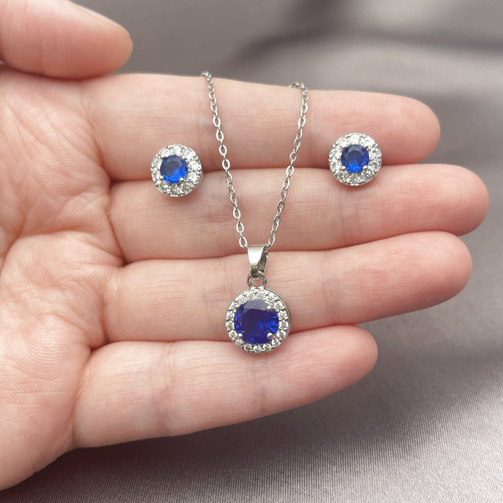 White Gold Filled Earring and Pendant Adult Set, Cluster and Rolo Design, with Sapphire Blue and White Cubic Zirconia, Polished, Rhodium Finish