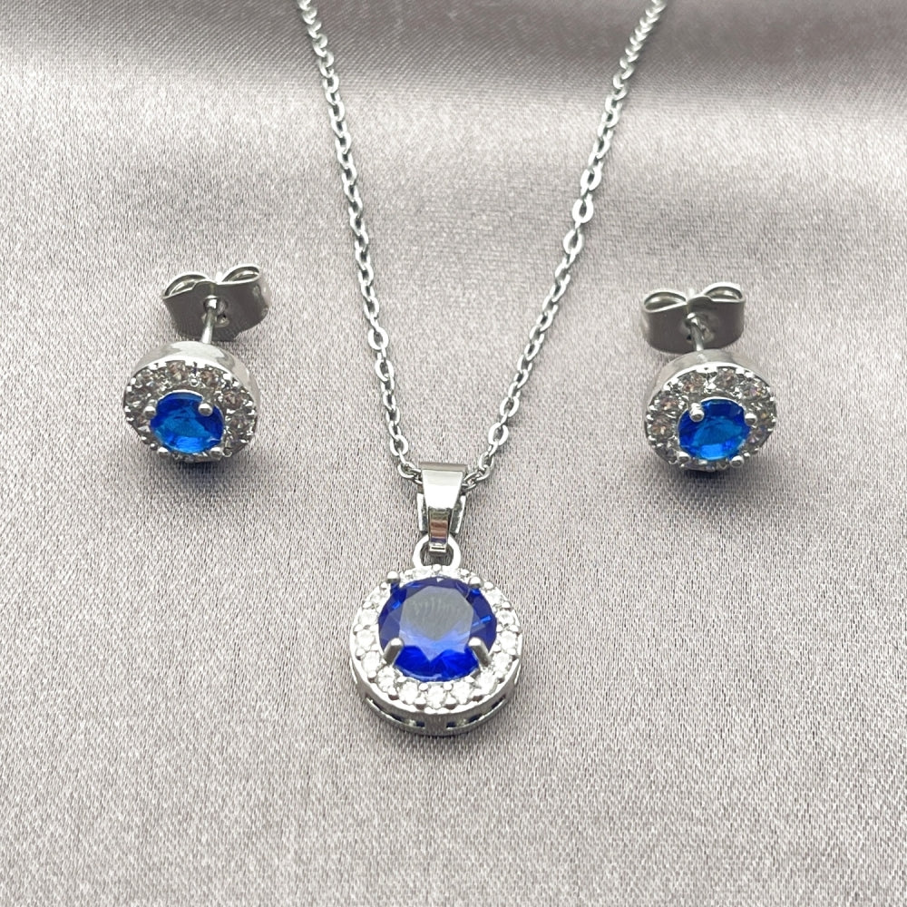White Gold Filled Earring and Pendant Adult Set, Cluster and Rolo Design, with Sapphire Blue and White Cubic Zirconia, Polished, Rhodium Finish