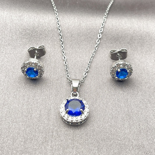Rhodium Gold Filled Earring and Pendant Adult Set, Cluster and Rolo Design, with Sapphire Blue and White Cubic Zirconia, Polished, Rhodium Finish